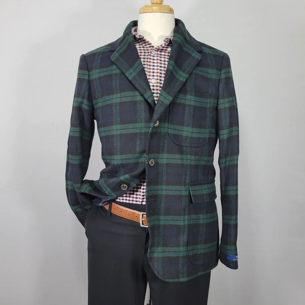 Polo Ralph Lauren Men's Sport Coat Two Button Flannel Tartan Navy Green Size 42R
